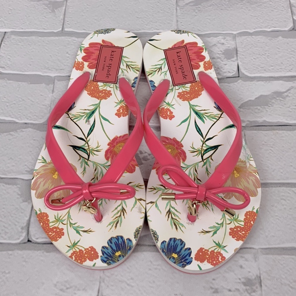 Kate Spade flip Flop Bow Floral Sandals Size 5-6 Pink white - Picture 2 of 11
